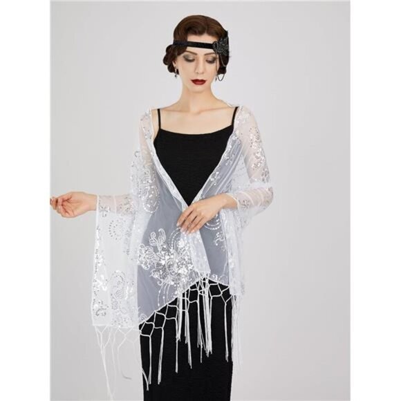 Women's Long Shawl Wraps, Sequin White - Picture 1 of 6